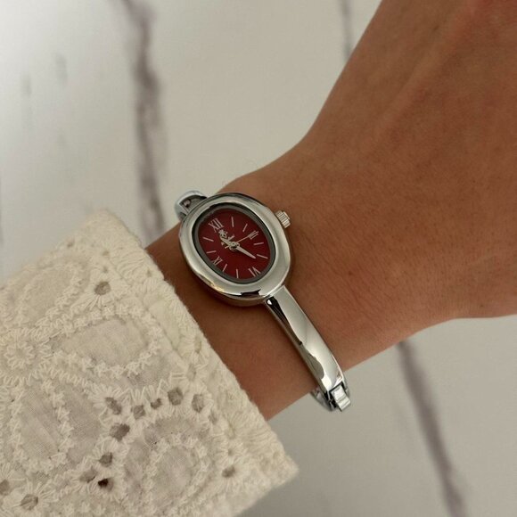 Sku:0405 Silver burgundy‎ red mini watch silver bracelet + gift box Vintage vibe main image 2